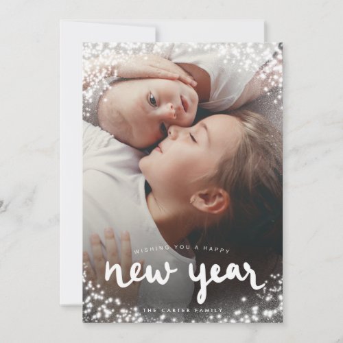 Happy New Year White Glowing Snow Photo Holiday Card