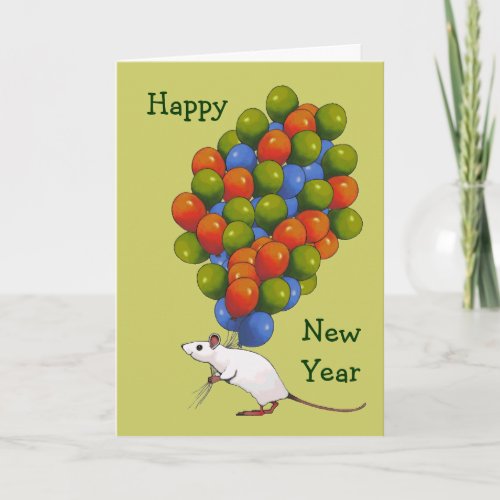 Happy New Year White Mouse With LOTS of Balloons Holiday Card