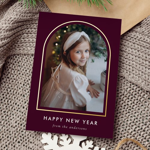 Happy New Year Wine Arch Photo Foil Holiday Card