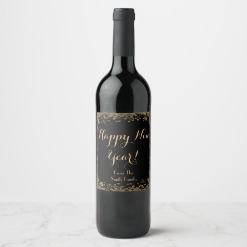 Happy New Year wine bottle label gold and black