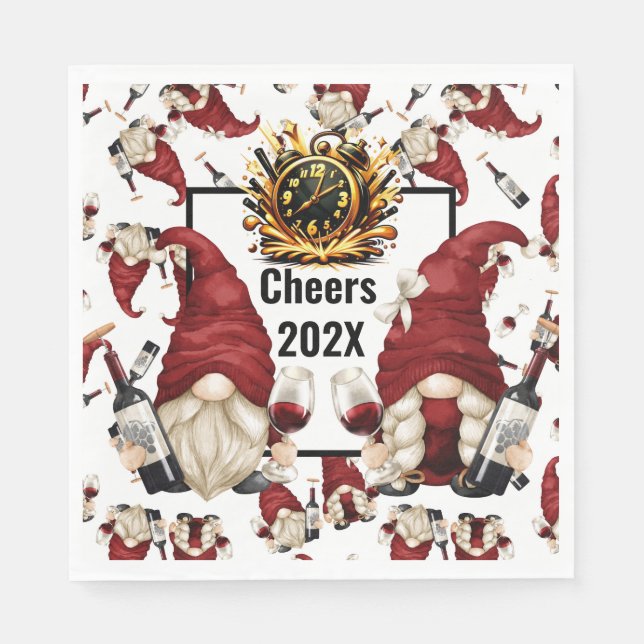 Happy New Year Wine Gnomes Napkins (Front)