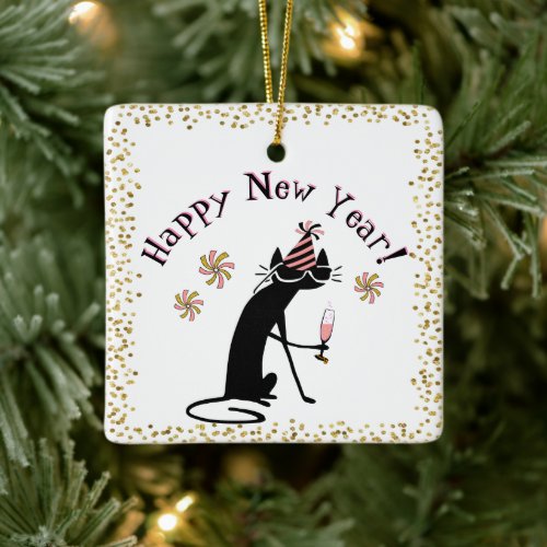 Happy New Year Wine Quote with Cat Ceramic Ornament