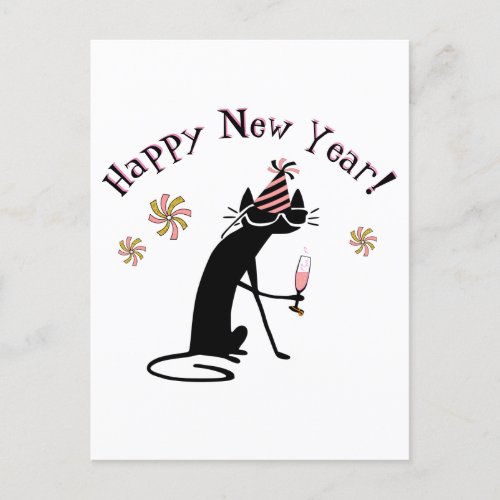 Happy New Year Wine Quote with Cat Postcard