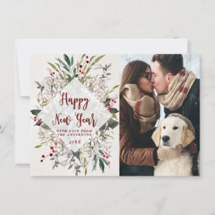 happy new year winter floral greenery photo card