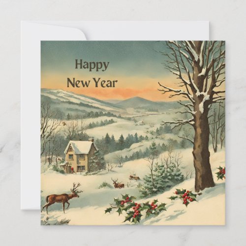 Happy New Year Winter Mountain Nature Landscape Holiday Card