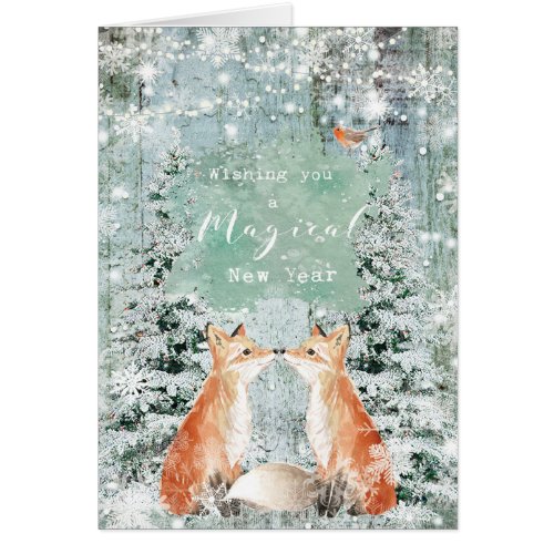 happy new year winter snow foxes card