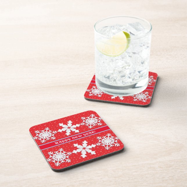 Happy New Year! Winter White Snowflake Red Pattern Beverage Coaster (Right Side)