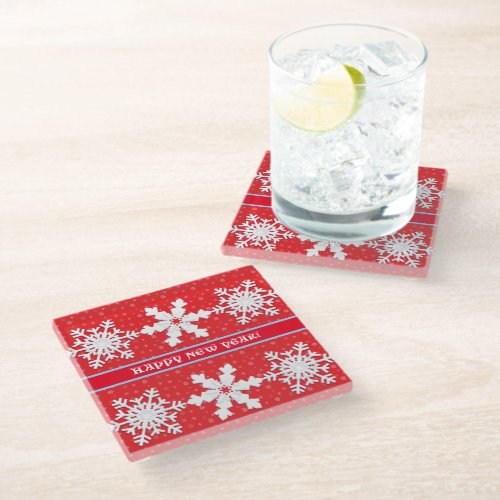 Happy New Year Winter White Snowflake Red Pattern Glass Coaster