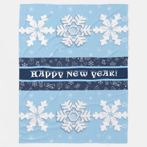Happy New Year Winter White Snowflakes Pattern Fleece Blanket