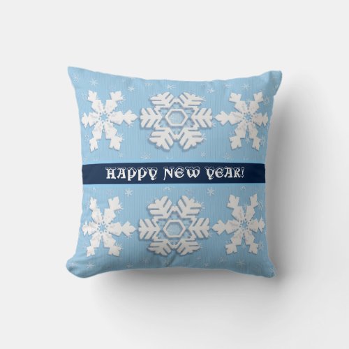 Happy New Year Winter White Snowflakes Pattern Throw Pillow