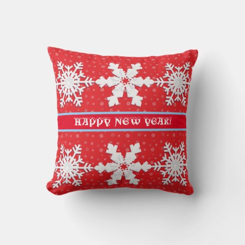 Happy New Year Winter White Snowflakes RedPattern Throw Pillow