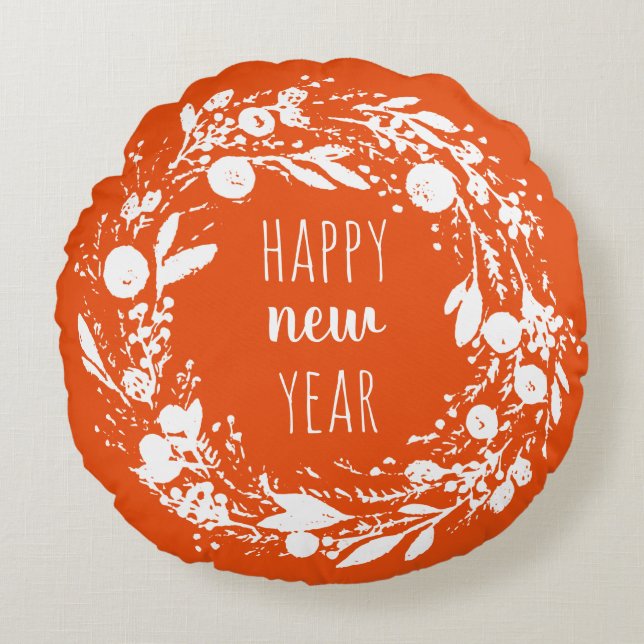 Happy New Year Winter Wreath Round Throw Pillow (Front)