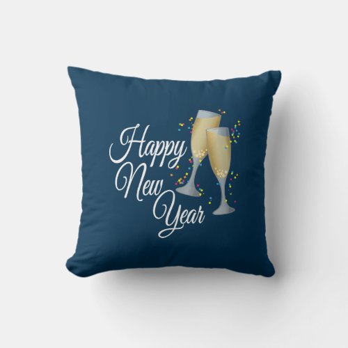 Happy New Year with Champagne  Confetti Dark Blue Throw Pillow