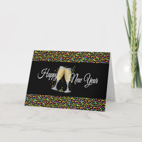 Happy New Year with Champagne  Confetti Holiday Card