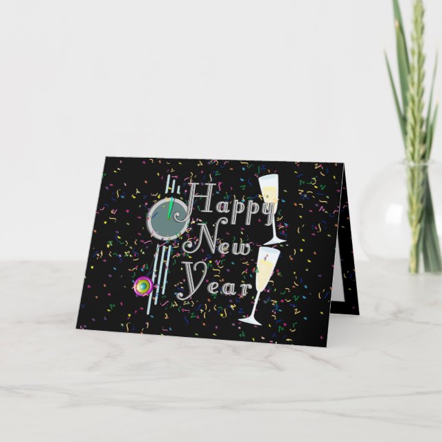 Happy New Year with Champagne & Confetti Holiday Card (Front)