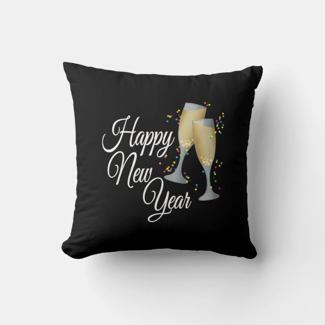 Happy New Year with Champagne & Confetti Throw Pillow (Front)