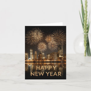 "Happy New Year" with Fireworks over a City Holiday Card