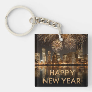 "Happy New Year" with Fireworks over a City Keychain