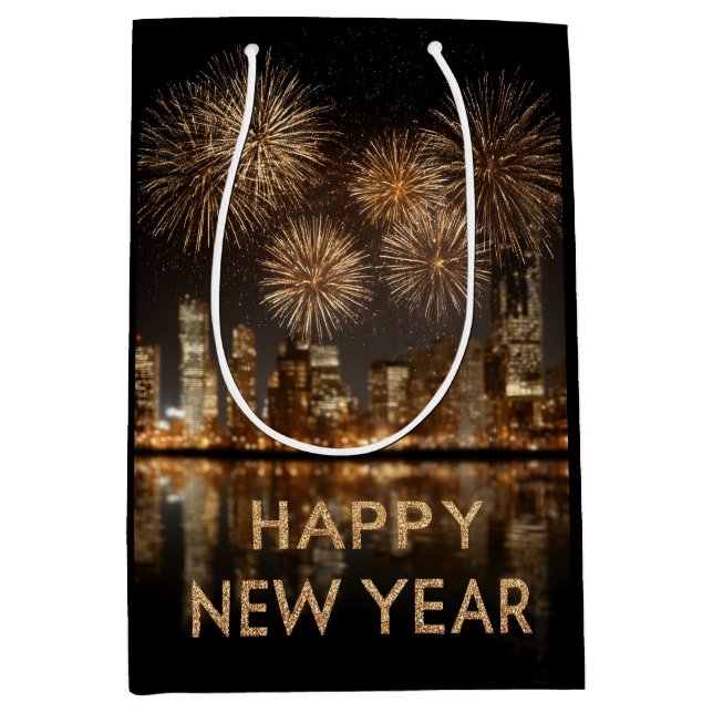 "Happy New Year" with Fireworks over a City Medium Gift Bag (Front)
