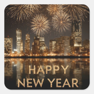 "Happy New Year" with Fireworks over a City Square Sticker