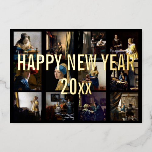 Happy New Year with Johannes Vermeer Patchwork Foil Holiday Card