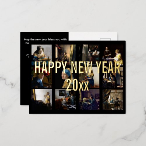 Happy New Year with Johannes Vermeer Patchwork Foil Holiday Postcard