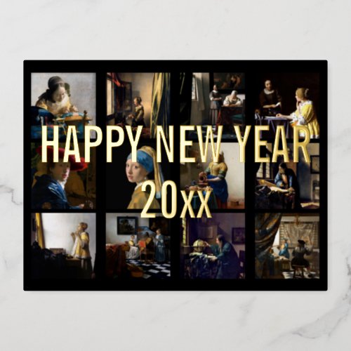 Happy New Year with Johannes Vermeer Patchwork Foil Holiday Postcard