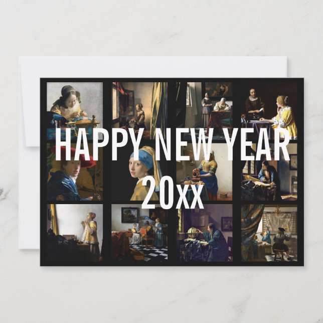 Happy New Year with Johannes Vermeer Patchwork Holiday Card (Front)