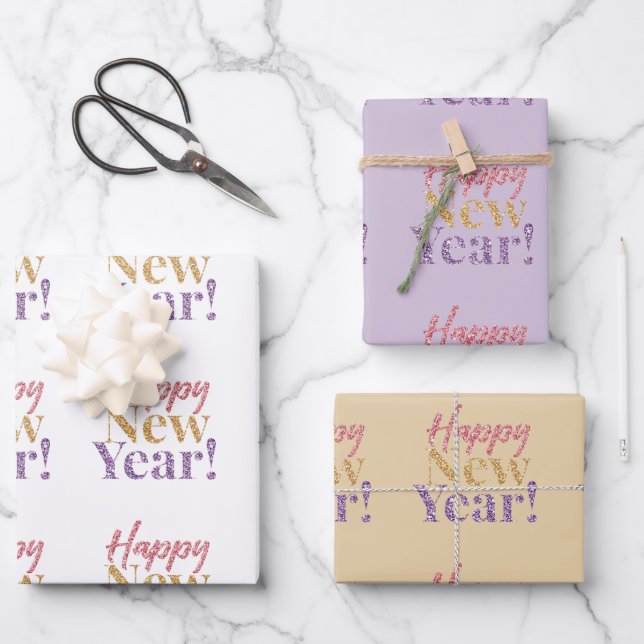 Happy New Year Word Art Wrapping Paper Sheets (Front)