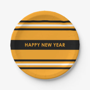Happy New Year Yellow and Black Paper Plates