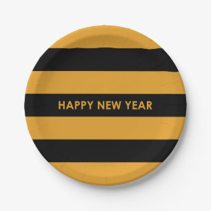 Happy New Year Yellow and Black Paper Plates