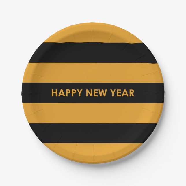 Happy New Year Yellow and Black Paper Plates (Front)