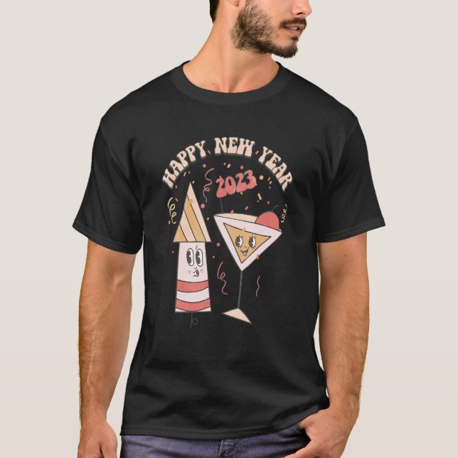 Happy New Years 2023 Retro Groovy Hello 2023 NYE P T-Shirt (Front)