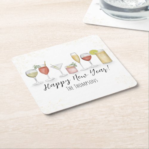 Happy New Years Cocktail Drinks Watercolor Party Square Paper Coaster