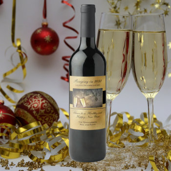 Happy New Year's Eve Cheers Festive Black Gold Wine Label by KrisHarty at Zazzle