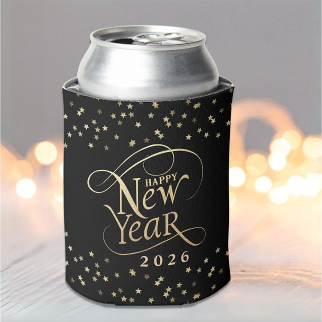 Happy New Years Eve Party Black Gold Can Cooler (Creator Uploaded)