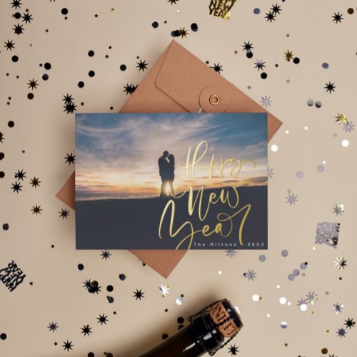 happy new years gold hand lettering overlay photo foil holiday card