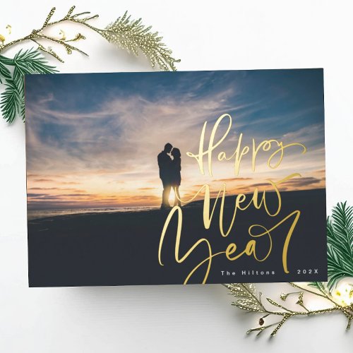 happy new years gold hand lettering overlay photo foil holiday card