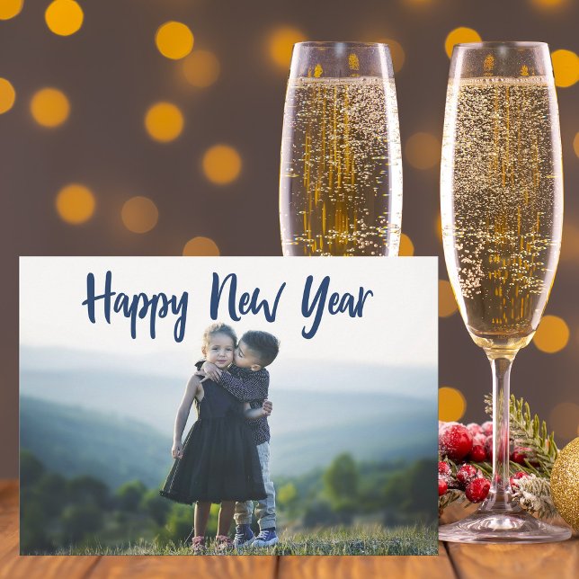 Happy New Years Modern Blue Typography Photo Holiday Card (Creator Uploaded)