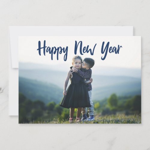 Happy New Years Modern Blue Typography Photo Holiday Card