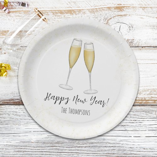 Happy New Years Party Champagne Watercolor Gold Paper Plates