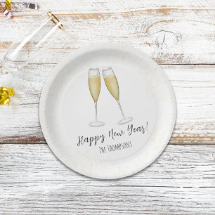 Happy New Years Party Champagne Watercolor Gold Paper Plates