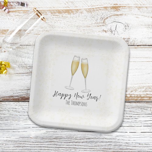 Happy New Years Party Champagne Watercolor Gold Paper Plates
