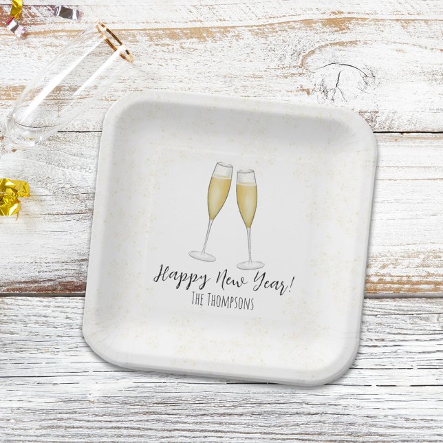 Happy New Years Party Champagne Watercolor Gold Paper Plates (Creator Uploaded)