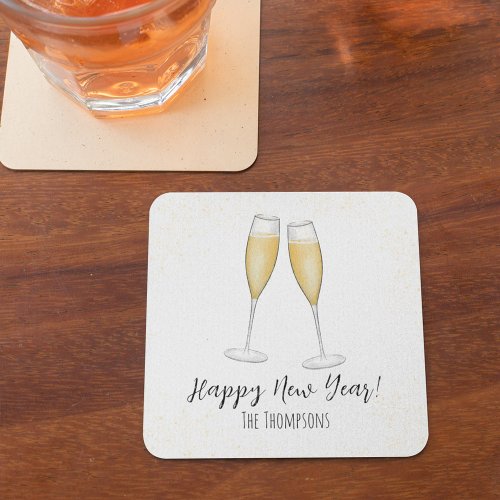 Happy New Years Party Champagne Watercolor Party Square Paper Coaster