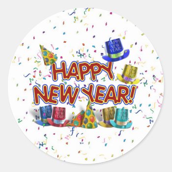 Happy New Years Text W/party Hats & Confetti Classic Round Sticker by gravityx9 at Zazzle
