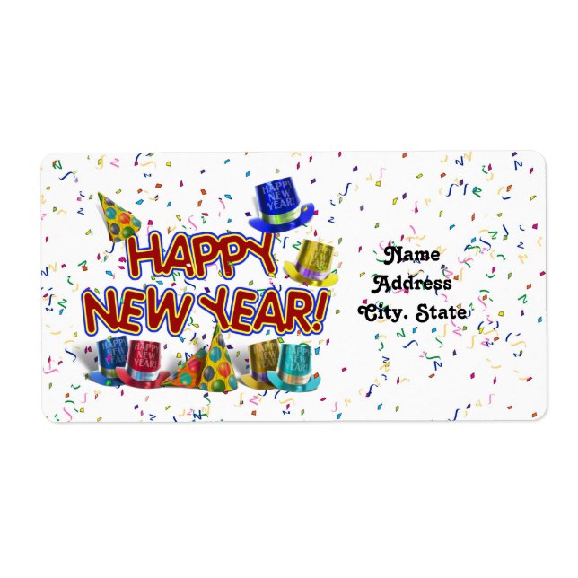 Happy New Years Text w/Party Hats & Confetti Label (Front)