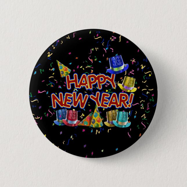 Happy New Years Text w/Party Hats & Confetti Pinback Button (Front)