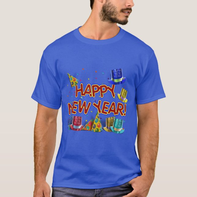 Happy New Years Text w/Party Hats & Confetti T-Shirt (Front)