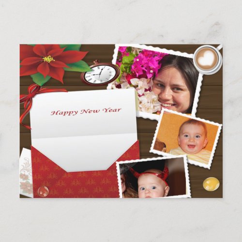 Happy New Years with Holly Add Photos Postcard